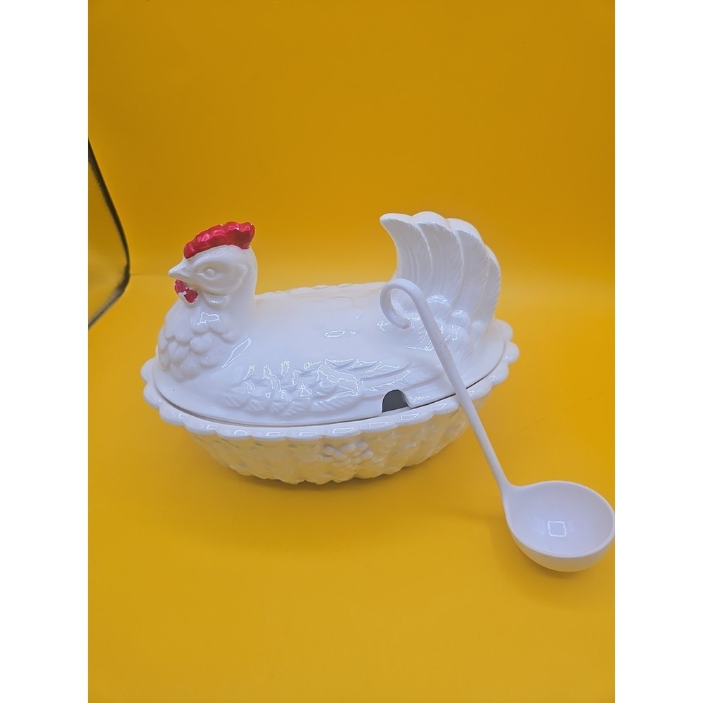 Vintage White Ceramic Chicken Hen on Nest Soup Tureen w/ Ladle Farmhouse